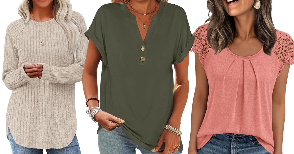 atasan krem, zaitun, dan merah muda dari Amazon